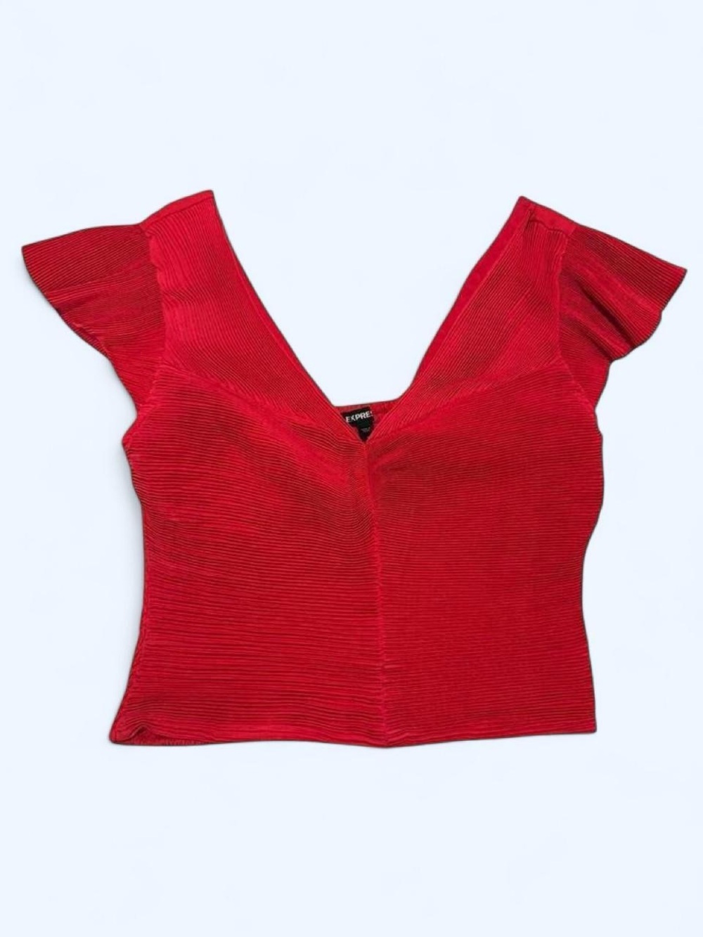 Express Red Ribbed V-Neck Flutter Sleeve Crop Top